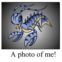 a image of a maraquan buzz from neopets in a polaroid with the caption 'a photo of me!'. it is smiling.