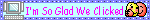 a blue blinkie that says 'I'm So Glad We Clicked' with pixel art of a computer and pixel art of two emoticons hugging on it.